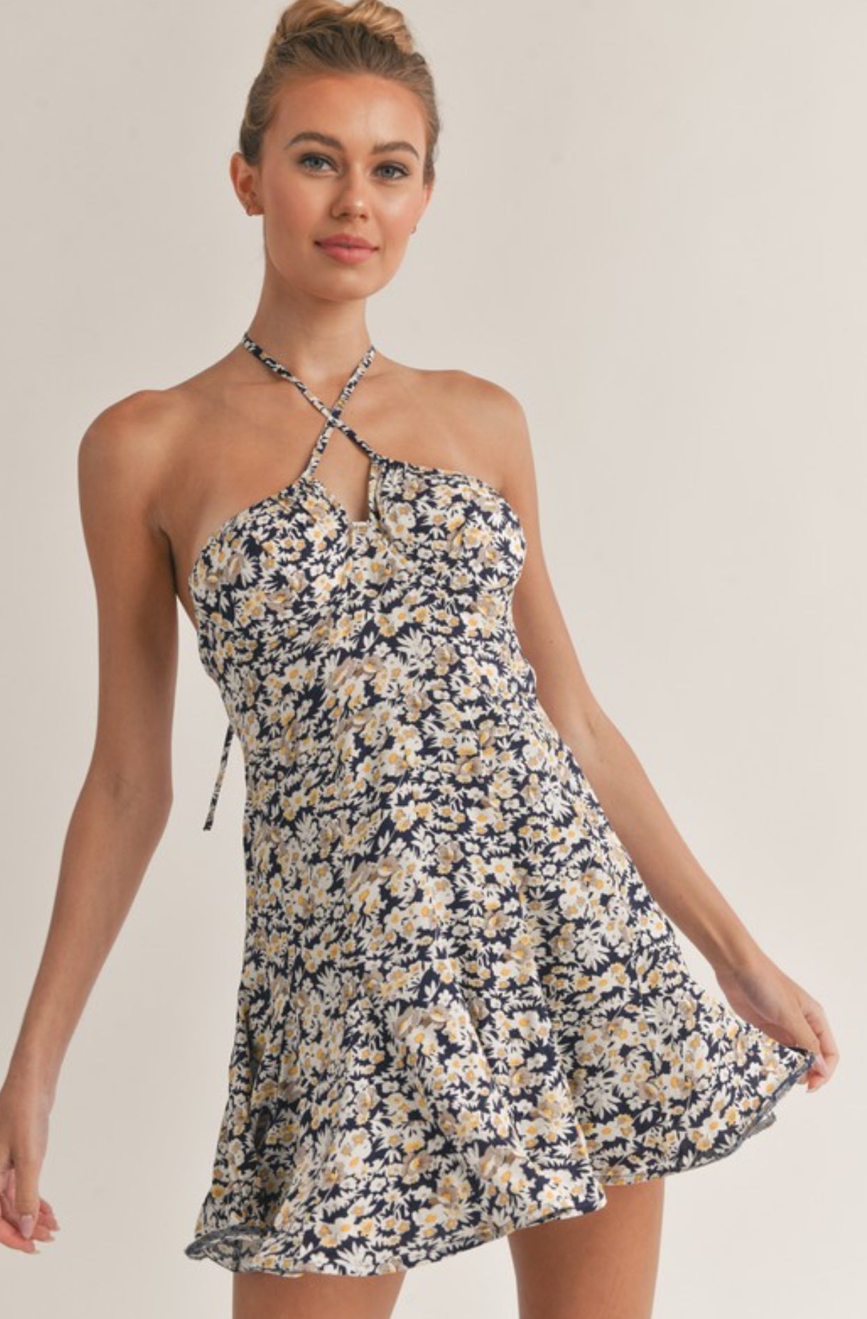 black dress flared skirt Navy flower printed flare halter dress Large