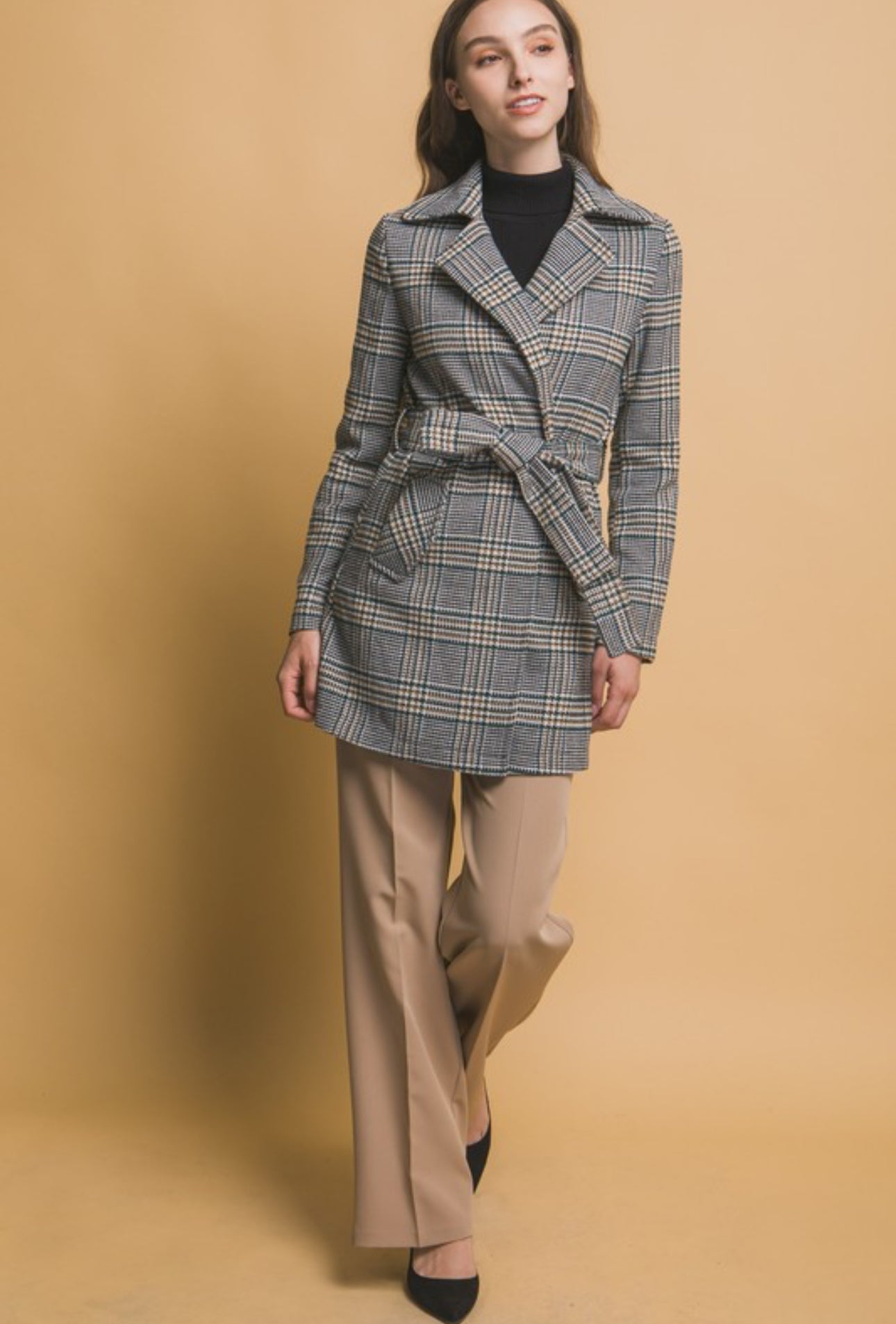 Chic Plaid Belted Coat