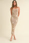 Nude embroidered floral knit strapless maxi dress