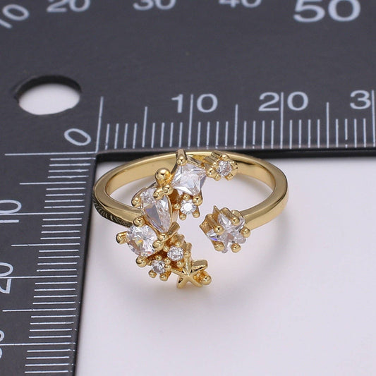24k Gold Filled Adjustable Moon Ring With Micro CZ Stones
