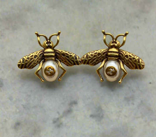 Golden Honeybee Pearl Stud Earrings