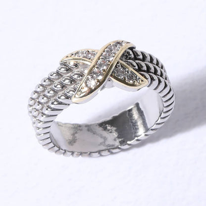 X Tripe Cable Silver Gold CZ Stones Ring