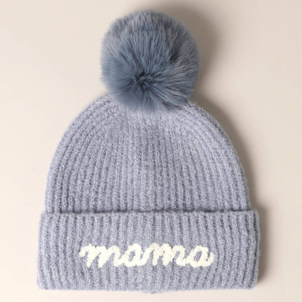 Mama Script Embroidered Pom Beanie