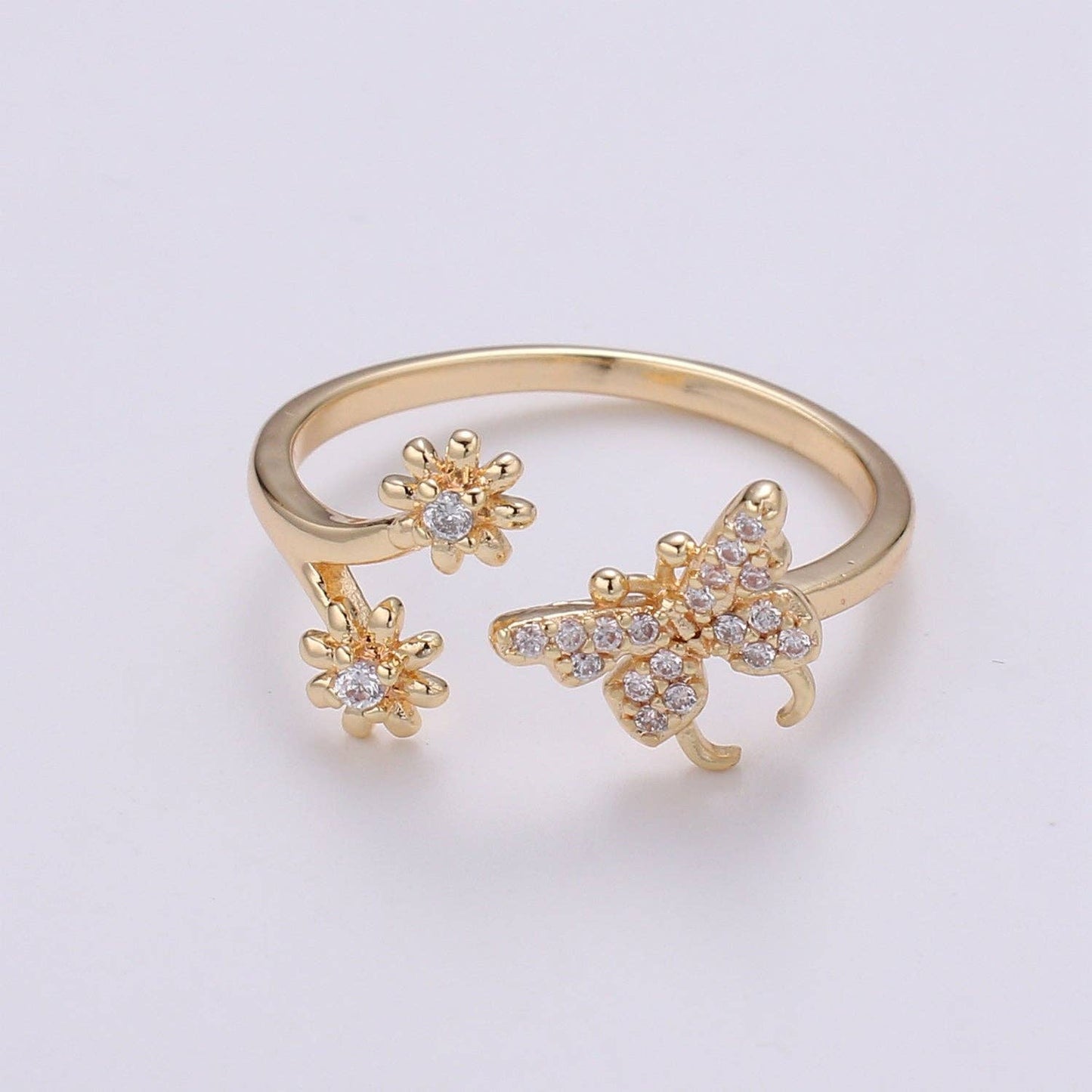 Butterfly and Flower 18K Gold Filled Adjustable Ring