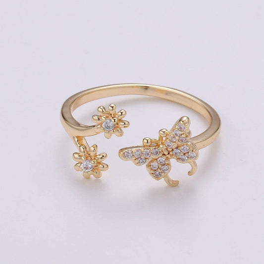 Butterfly and Flower 18K Gold Filled Adjustable Ring