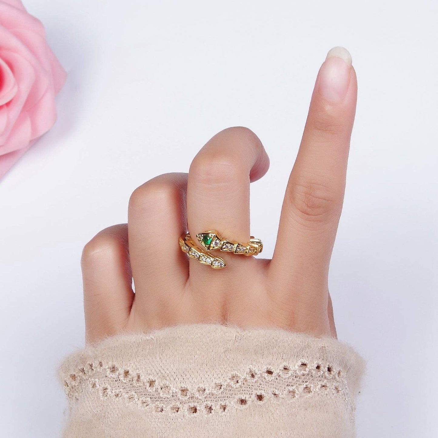 Green Micro Paved Snake Serpent Ring