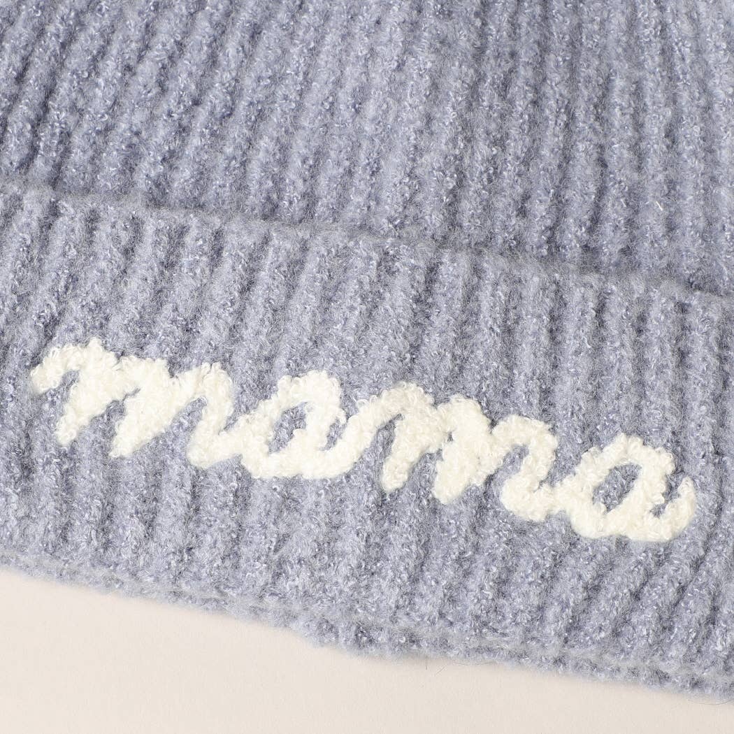 Mama Script Embroidered Pom Beanie