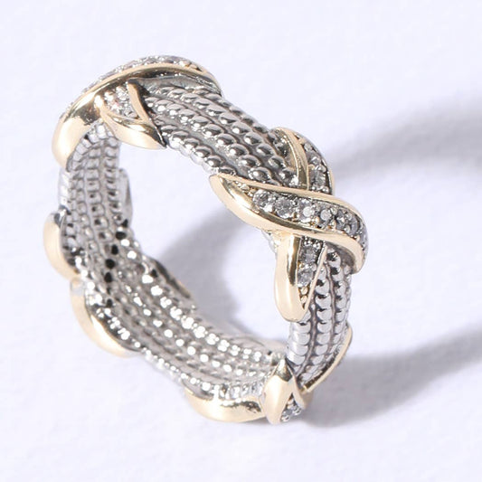 Multiple X Cable Silver Gold CZ Stones Ring