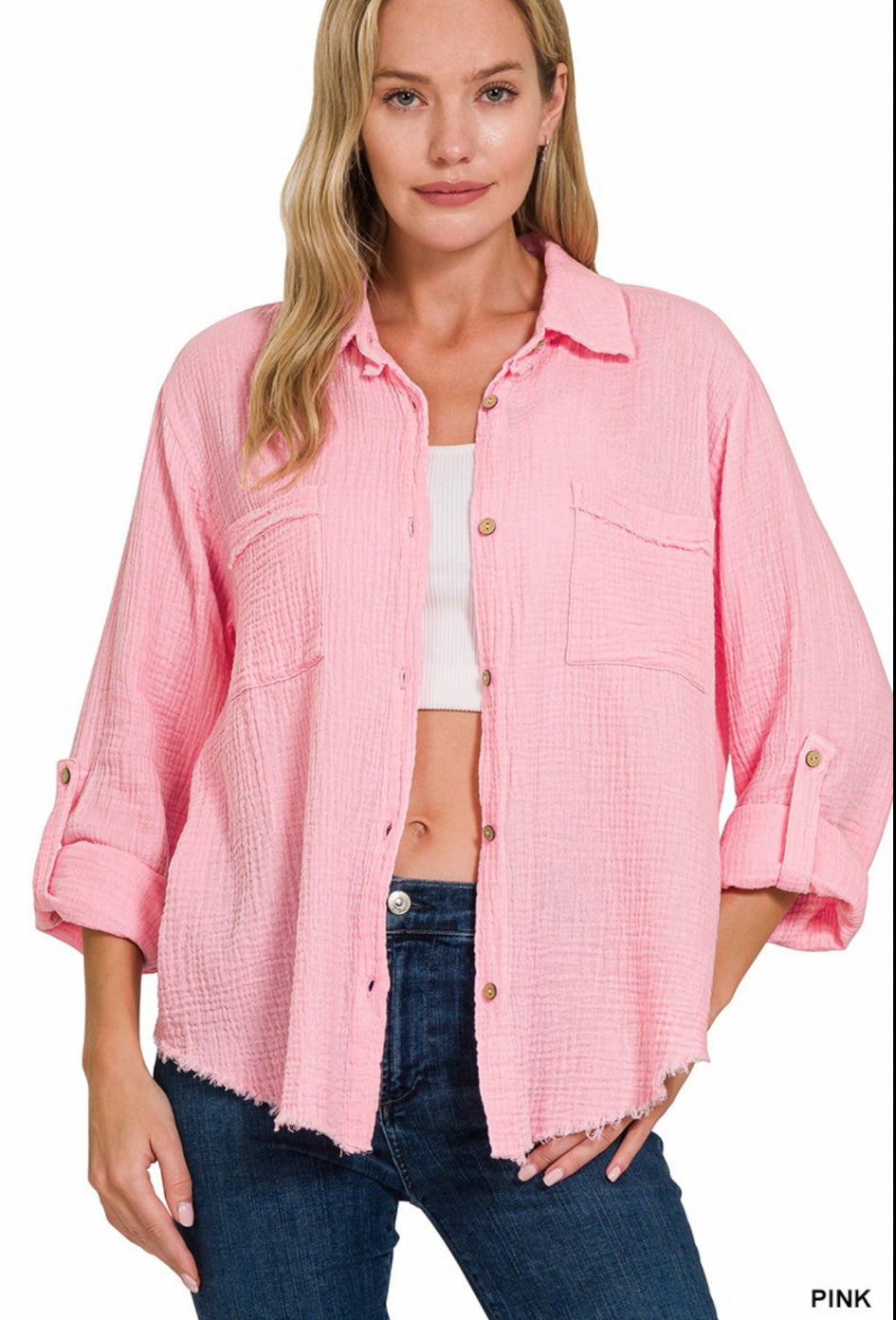 Double gauze button down roll-up long sleeve shirt