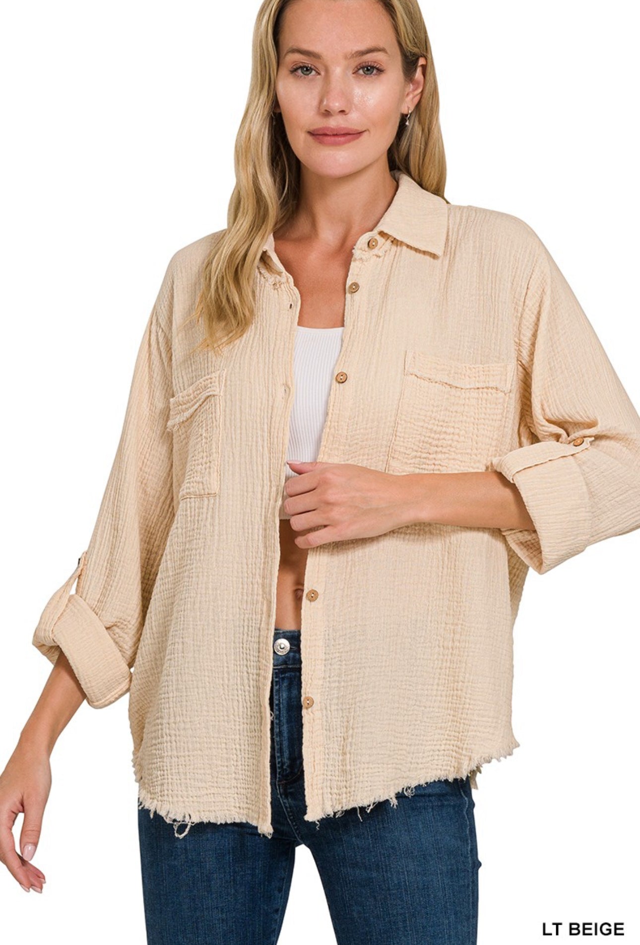 Double gauze button down roll-up long sleeve shirt