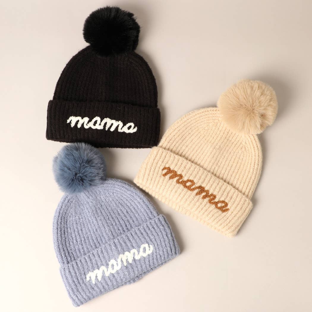 Mama Script Embroidered Pom Beanie