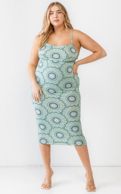 Plus- Abstract Print Sleeveless Midi Dress